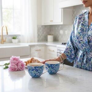 Lily Pulitzer Blue Green Gold Floral Tea Coffee Mug Set Coastal  Grandma Gifts